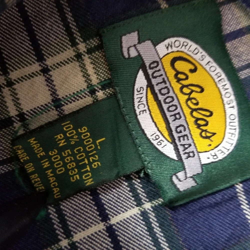 Cabelas Shirt Men L Blue Plaid 100% Heavyweight Cotton‎ Outdoor Cabin Workwear